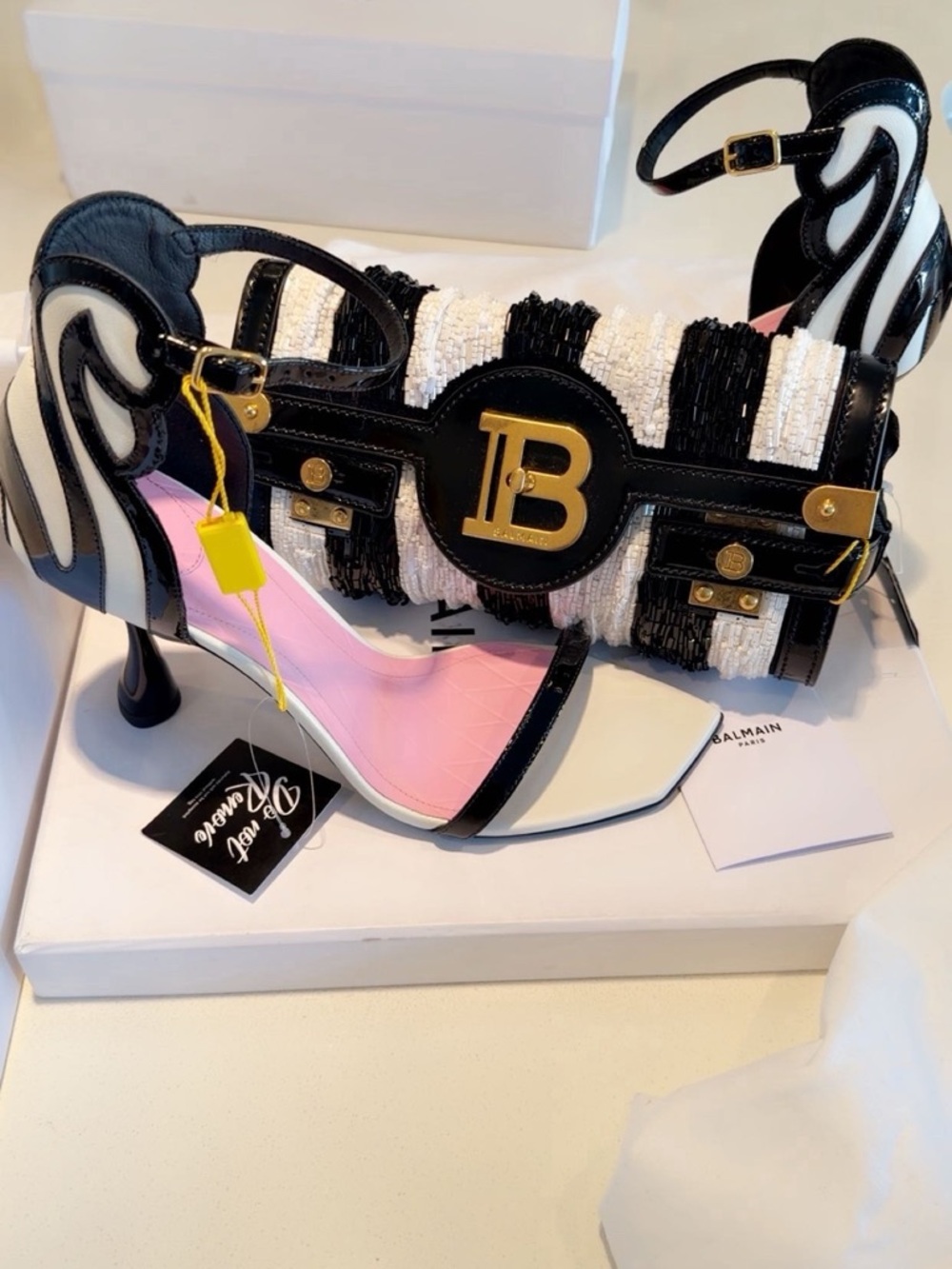 Black & White Sculpted Heel Sandals with Pink Insole - Picture 2 of 7